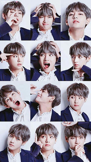 V BTS Portrait Collage in Navy Suit and White Ruffled Shirt HD phone wallpaper