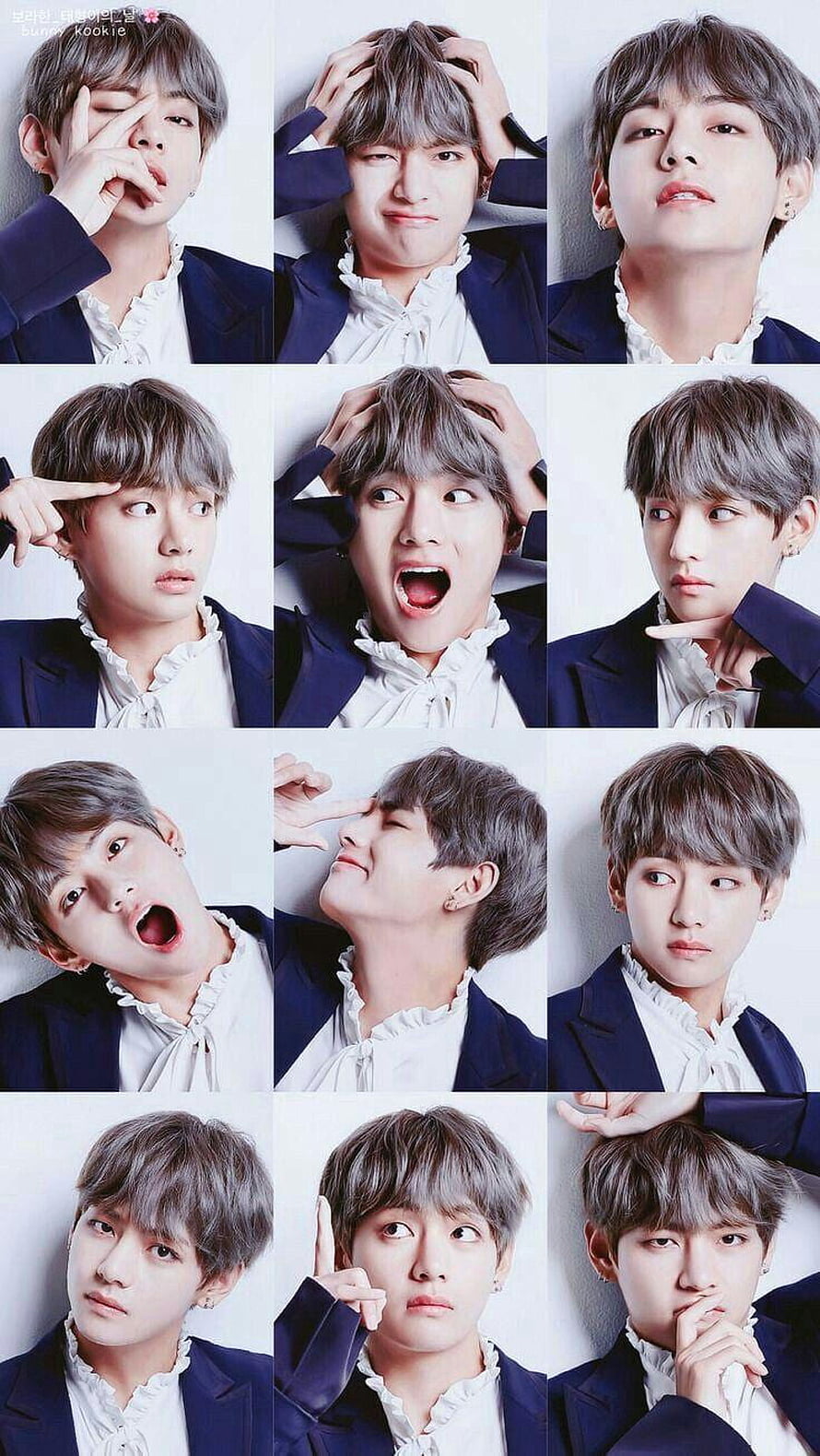 V BTS Portrait Collage in Navy Suit and White Ruffled Shirt HD phone wallpaper