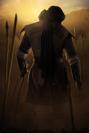 Islamic Warrior in Chainmail and Turban Standing in Desert at Sunset HD phone wallpaper