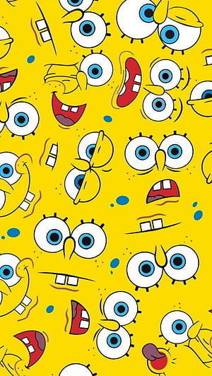 SpongeBob SquarePants Expressive Face Pattern on Bright Yellow Background HD phone wallpaper