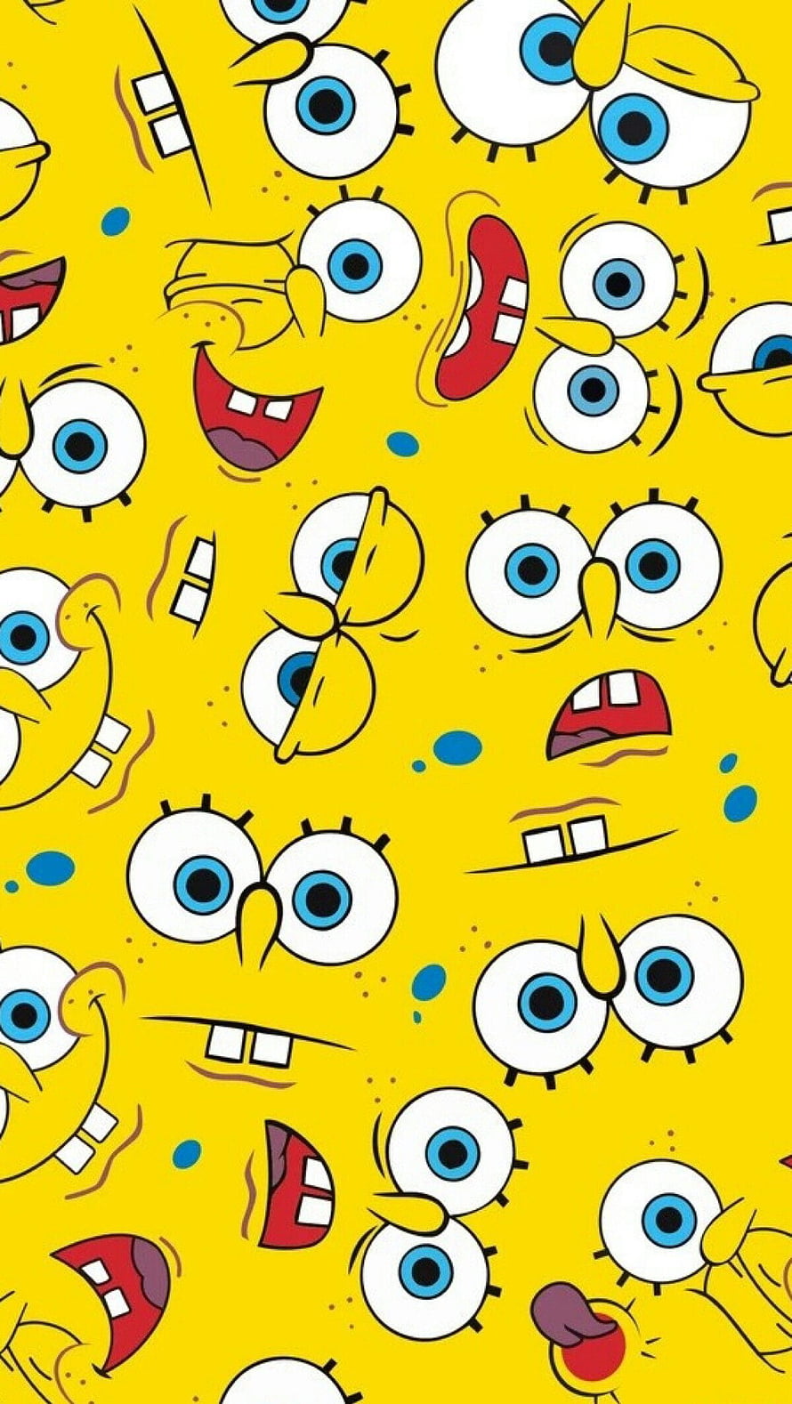 SpongeBob SquarePants Expressive Face Pattern on Bright Yellow Background HD phone wallpaper