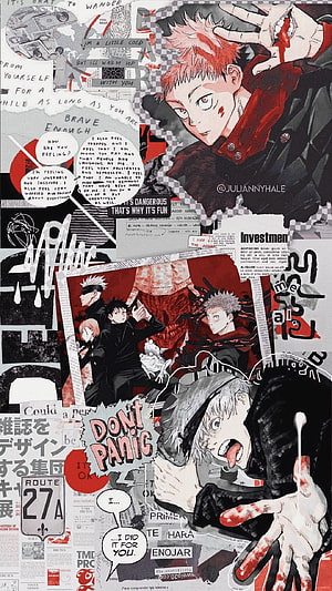 Jujutsu Kaisen Anime Collage Wallpaper Featuring Yuji Itadori and Gojo Satoru in Red and Black Style HD phone wallpaper