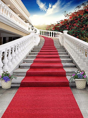 Grand Outdoor Staircase With Red Carpet Runner And White Balustrades Under Blue Sky HD phone wallpaper