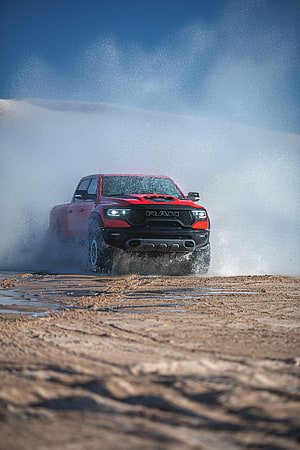 Red Ram 1500 TRX Off-Road Truck Splashing Through Water on a Desert Trail HD phone wallpaper