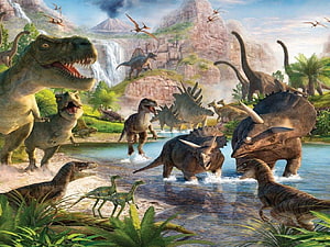 Walking With Dinosaurs Prehistoric Landscape With T-Rex And Herd Crossing River HD wallpaper