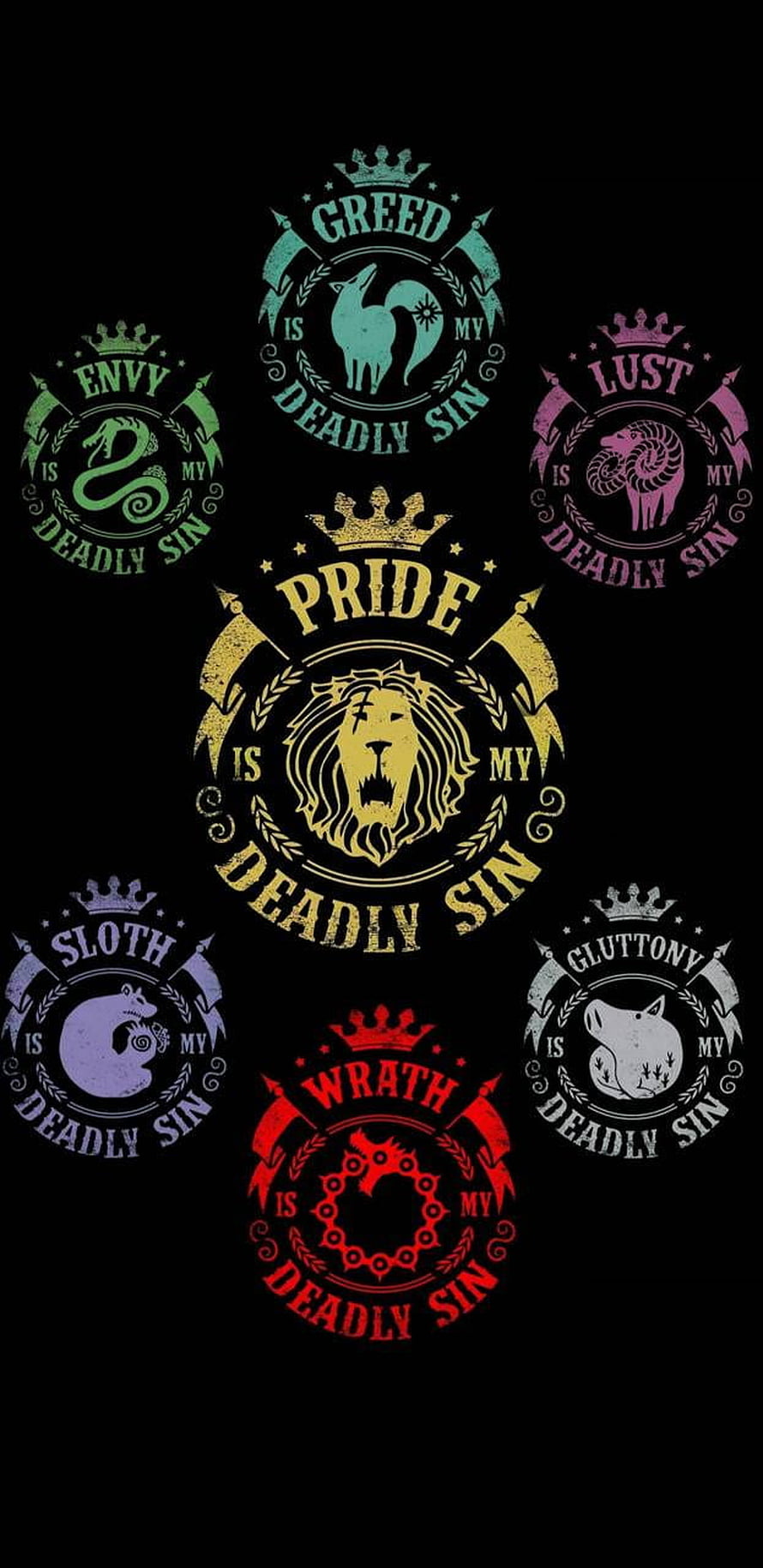 Seven Deadly Sins Emblem Collection with Animal Symbols on Black Background HD phone wallpaper