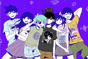 Omori Anime Group Portrait with Black Cat on Purple Background HD wallpaper