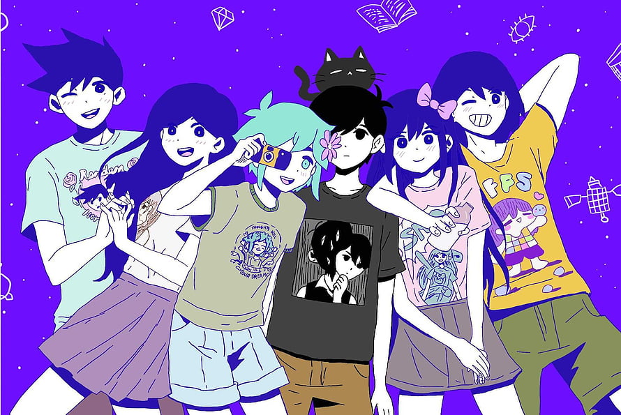 Omori Anime Group Portrait with Black Cat on Purple Background HD wallpaper