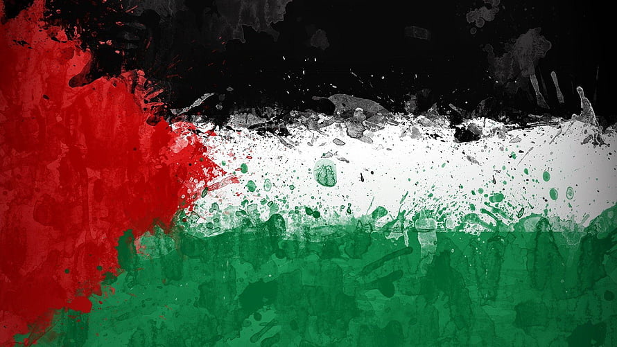 Abstract Paint Splatter Palestine Flag Artwork with Red White Green Black Palette HD wallpaper