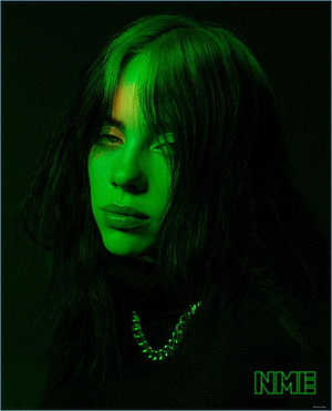 Billie Eilish moody green-lit portrait with dark hair and chain necklace HD phone wallpaper