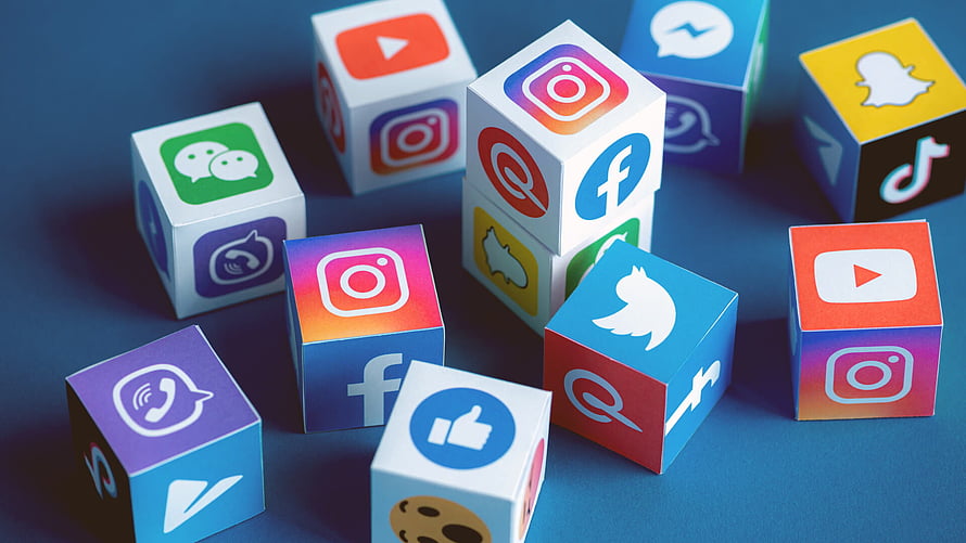 Colorful 3D Cubes Featuring Popular Social Media App Icons on a Blue Background HD wallpaper