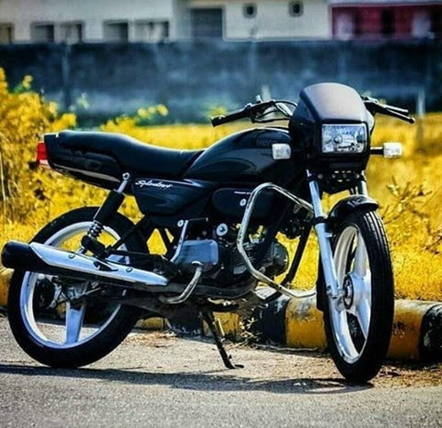 Black Hero Splendor Custom Motorcycle Parked on Street with Yellow Grass Background HD wallpaper
