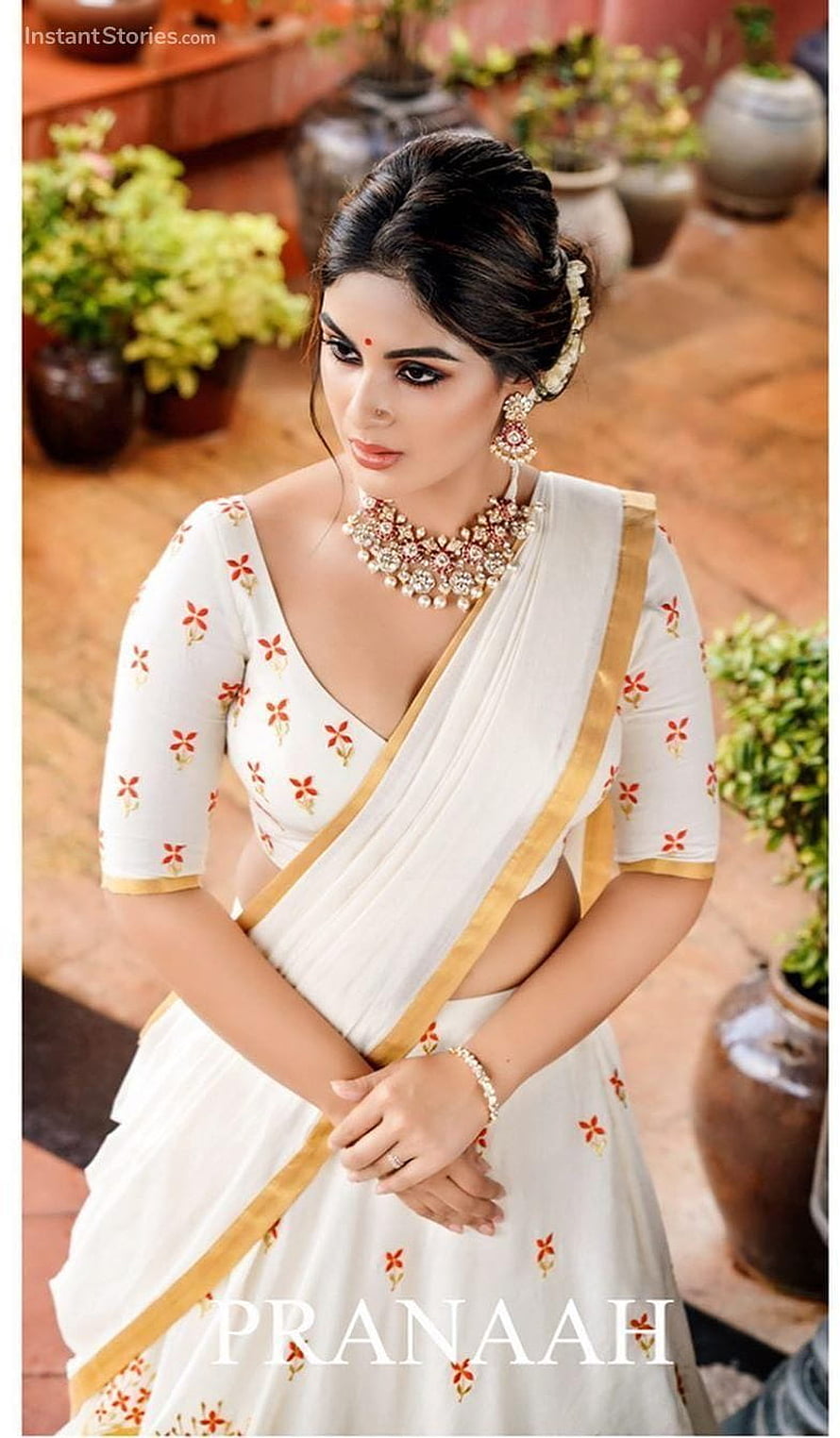 Samyuktha Menon in White Floral Saree with Gold Border and Traditional Jewelry HD phone wallpaper