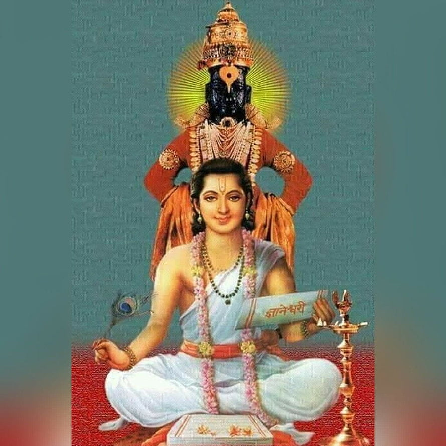 Sant Dnyaneshwar and Krishna Devotional Portrait with Sacred Text and Oil Lamp HD phone wallpaper