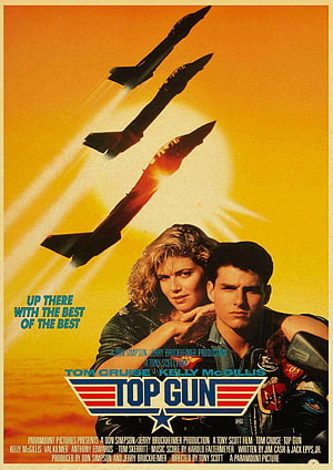 Top Gun Movie Poster Featuring Tom Cruise and Kelly McGillis with Fighter Jets HD phone wallpaper