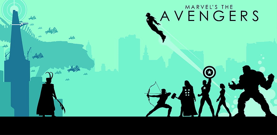 Marvel's The Avengers Silhouette Artwork with City Skyline and Character Profiles HD wallpaper