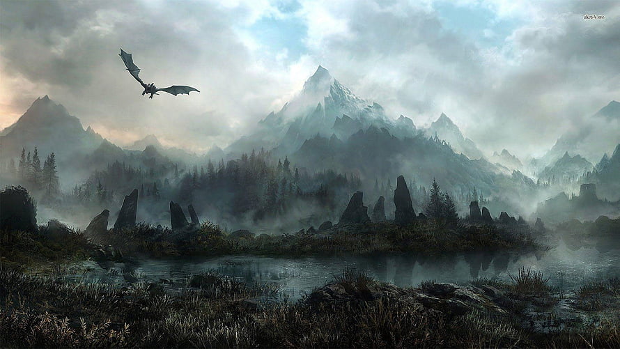 Misty Mountain Landscape with Soaring Dragon and Ancient Stone Monoliths HD wallpaper