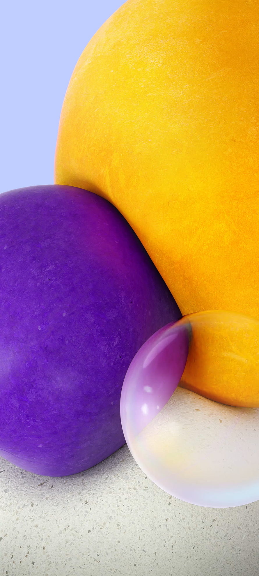 Abstract 3D Render of Smooth Purple and Yellow Spheres on a Concrete Surface HD phone wallpaper