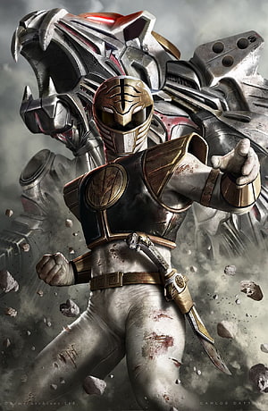White Ranger in battle stance with Power Rangers Zord looming behind in gritty cinematic artwork HD phone wallpaper